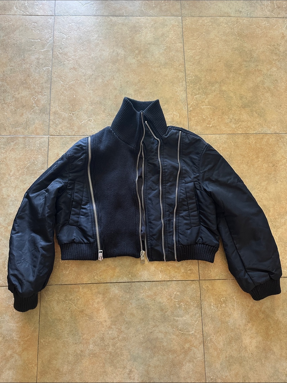 Zara Black Cropped Bomber Jacket with Ribbed High Collar